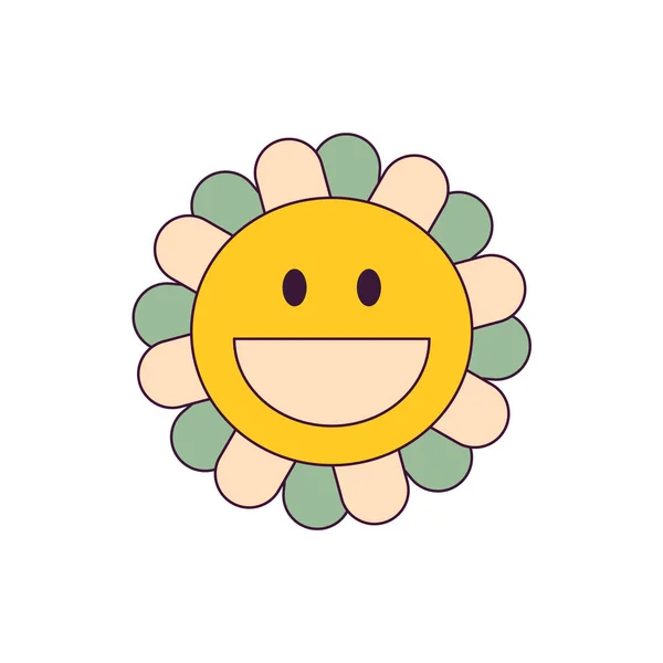 Vector Groovy Çizgi Filmi Gülümseyen Çiçek ve Felçli Beyaz Arkaplan. Hippi Moda Estetik Tasarımı, Geometrik. Retro Biçimi 70 'ler, 80' ler.