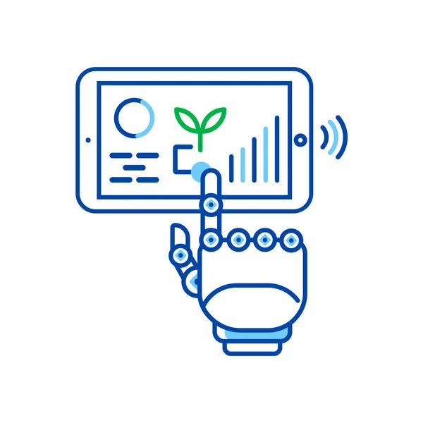 Vector Smart Farming. Outline Icon Robotic Hand Touching Screen of a Digital Tablet with Plant and Diagrams.