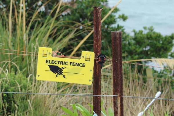 Doğa koruma alanında sarı elektrikli çit işareti.