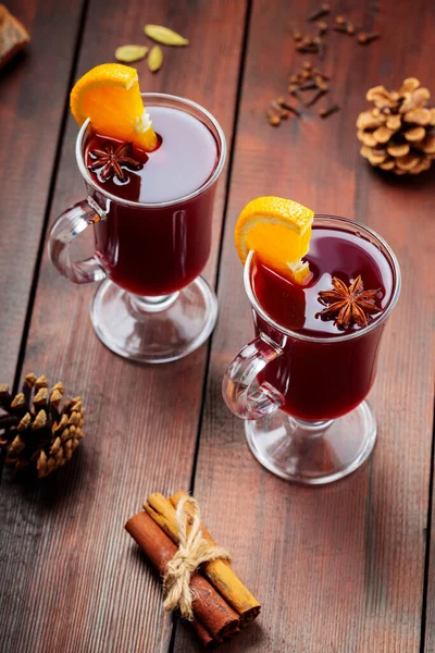 Two Glasses Mulled Wine Oranges Spices Wooden Background Hot Autumn — Stock Photo, Image
