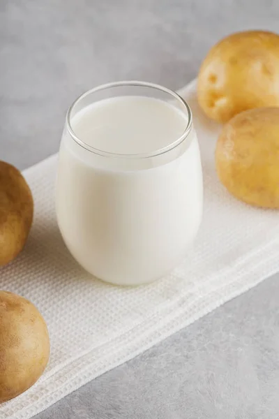 土豆牛奶是非乳制品饮料的替代品 乳糖免费牛奶和生土豆灰色背景 替代牛奶概念 — 图库照片