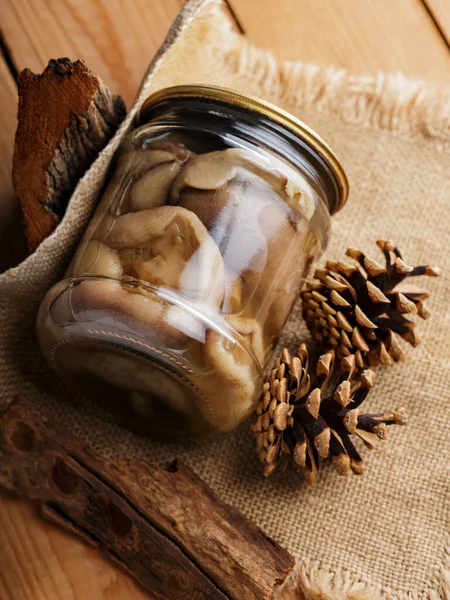 Pickled Mushrooms Rustic Wooden Table Homemade Preserves Glass Jar Copy Stock Picture