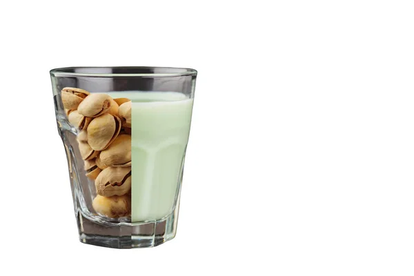 Collage Creativo Leche Pistacho Pistachos Vaso Sobre Fondo Blanco Concepto —  Fotos de Stock