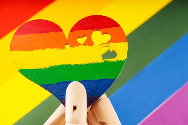 Artificial Arm Holds Rainbow Heart Multicolored Lgbt Flag Lgbt Pride — Stock Photo, Image