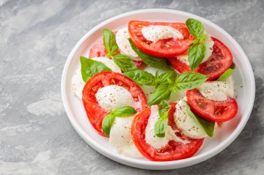 Beton arkaplanlı, beyaz tabakta caprese salatası. Kapat.