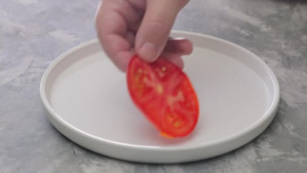 Laying Plate Rings Tomatoes Mozzarella Preparation Italian Caprese Calad Close — Stock Video