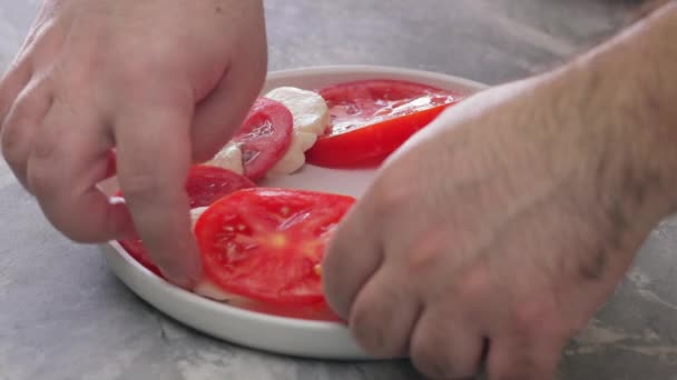 Klassischer Caprese Salat Tomaten Und Mozzarella Ringe Großaufnahme — Stockvideo