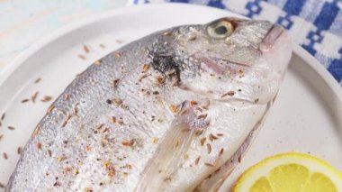 Tabakta çiğ dorado balığı, yaklaş. Üst görünüm