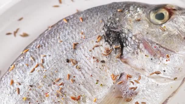 Świeże Dorado Okoń Biały Pełne Ryby Nadziewane Cytryną Czarny Pieprz — Wideo stockowe