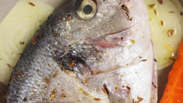 Свежая Сырая Рыба Дорадо Лимоном Тмином Морковью Пергаментной Бумаге Вид — стоковое видео