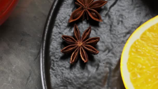 Mulled Wine Spices Ingredients Black Plate Close Shot — Stock Video