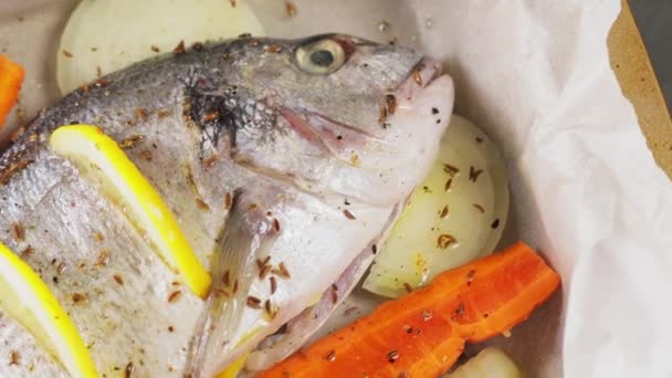 Marinated Dorado Fish Baking Sheet Lemon Carrot Chopped Onion Handheld — Stock Video
