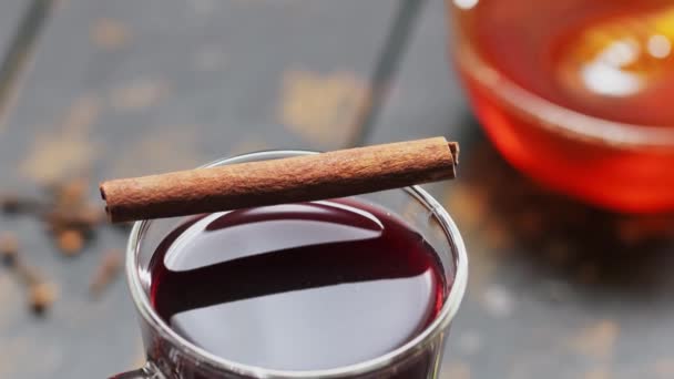 Mulled Wine Hot Drink Citrus Spices Ingredients Wooden Boards Tilt — Stock Video