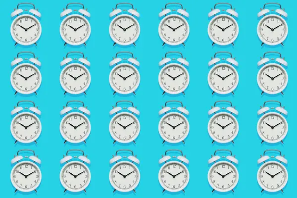 Minimal Alarm Clock Pattern on Blue Background, Top View