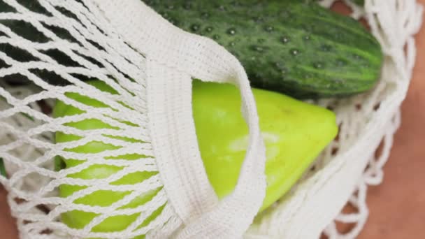 Fresh Green Vegetables White String Bag Close — Stock Video
