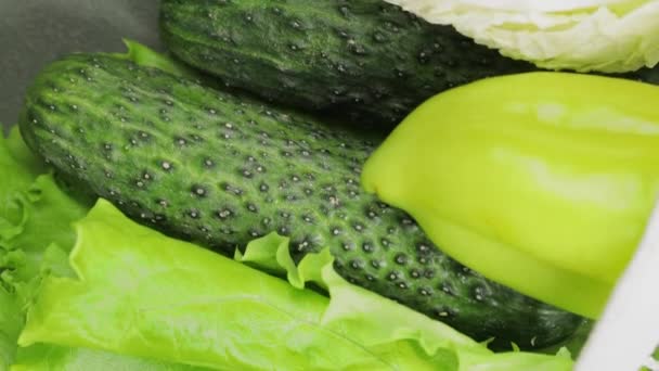 Verduras Verdes Frescas Lechuga Pepinos Pimientos Col Bolsa Cuerdas Blancas — Vídeos de Stock