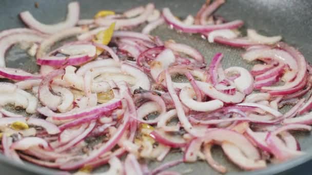 Close Sizzling Red Onions Frying Oil Frying Pan — Stock Video