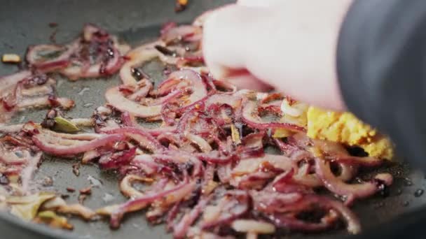 Man Zet Gemarineerd Kippenvlees Koekenpan Met Gebakken Uien Het Bereiden — Stockvideo