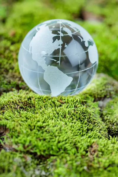 Close-up of Transparent Glass Globe on Green Grass, Environmental Protection Concept for Earth Day