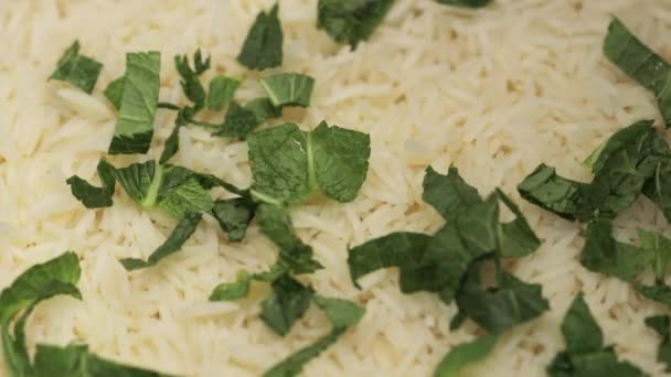 Frische Minzblätter Huhn Biryani Zubereitung Über Reis Streuen Nahaufnahme — Stockvideo