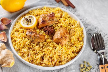 Geleneksel Tavuk Biryani ve Gri Arkaplan Malzemeleri Tabağı, Yakın plan