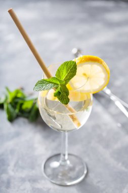 Hugo Spritz Bardakta Kokteyl Naneli ve Limonlu Soğuk Serinletici Yaz Alkollü İçecekleriyle Dolu