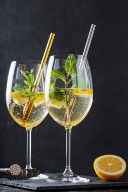 Modaya uygun Elderflower Hugo Spritz Limon Dilimi ve Naneli Kokteyl