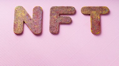 NFT Letters with Textured Colorful Paint Finish on Pink Background, Non-Fungible Token Concept, Copy Space clipart