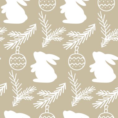 Tavşanlı ve dallı Noel arkaplanı. Kusursuz doku.