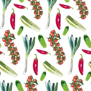 Sevimli el çizimi ile sebzesiz desen. Domates, pırasa, salatalık, biber ve lahanalı el çizimi kusursuz desen. Menü için yazdırma, mutfak duvar kağıdı, ev dekorasyonu, paket kağıdı.