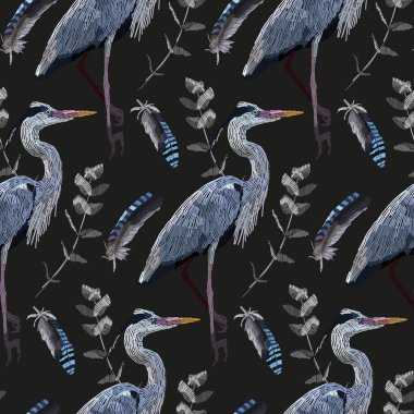 Turna, tüyler ve dallar kusursuz desen. Bir kuşun nakış işi. Tekstil, ambalaj, dekorasyon, kağıt, duvar kağıdı için yazdır.