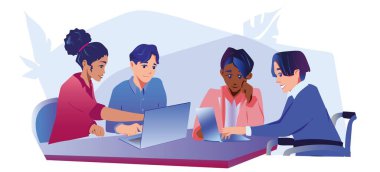 İş yerinde buluşmak, tartışma, konuşma baloncuklarıyla sohbet. Fikir için beyin fırtınası yapmak, toplantıda iş tartışmak, konuşma baloncuklarıyla konuşmak..