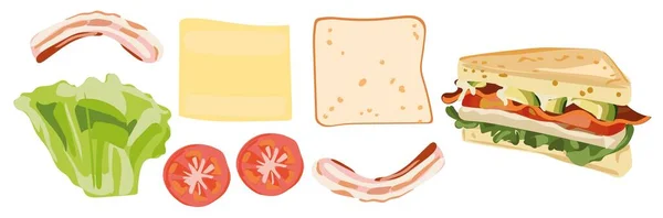 健康的三明治 配上西红柿 奶酪和生菜等配料 吐司上产品的顶级视图 矢量平面图解 烹饪素描食物 健康食物概念 — 图库矢量图片