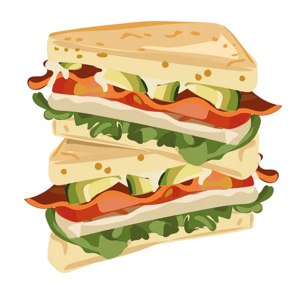 Sandwich Dengan Alpukat Bacon Keju Selada Ilustrasi Vektor Diisolasi Pada - Stok Vektor