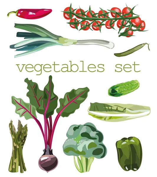 病媒蔬菜图标设置为卡通风格 为餐馆菜单 市场标签收集农产品 — 图库矢量图片