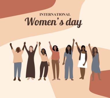 Mutlu kadınlar günü düz stili. Çeşitli kadınlar feminizm, özgürlük, bağımsızlık, güçlenme, kadın hakları, eşitlik için bir arada duruyorlar.
