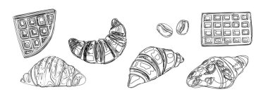 Kruvasan, waffle ve kahve çekirdekleri siyah-beyaz çizim. Hamur işi beyaz arka planda izole edilmiş. Menü, vitrin ve paketlerin tasarımı için illüstrasyon, vs..