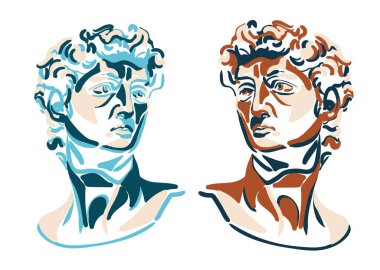 Antik heykel başı çizimi. Heyecan çağının sanat eseri. Michelangelo heykeli. David 'in kafasının el çizimi. Rönesans Dönemi.