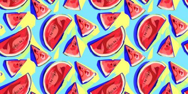Karpuz yarısı ve dilimsiz desen. Isırıklı kırmızı karpuz parçası. Karpuz tazeliğinin tasviri, çizgi film tarzı..