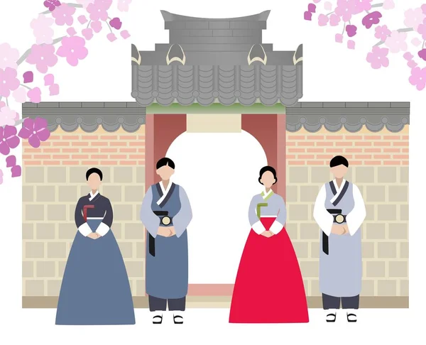 Корейская Семья Ханбок Корейские Ворота Плоские Традиционная Архитектура Кореи — стоковый вектор