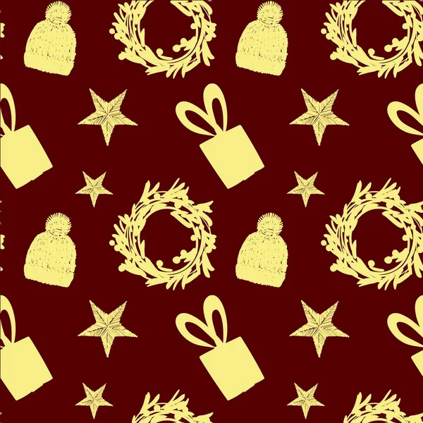 Рождественский Фон Подарками Шляпами Рождественским Венком Новогодний Узор Поздравительных Открыток — стоковый вектор