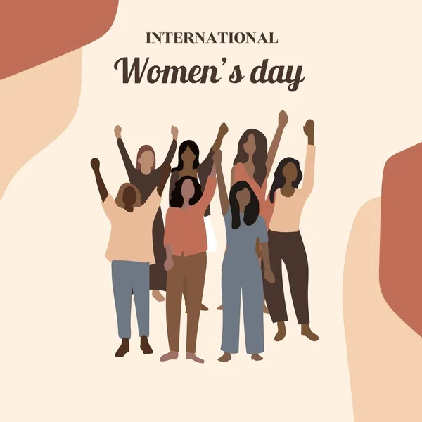 快乐的女人一天平淡的风格 为女权主义 妇女权利 平等而站在一起的各种妇女 — 图库矢量图片