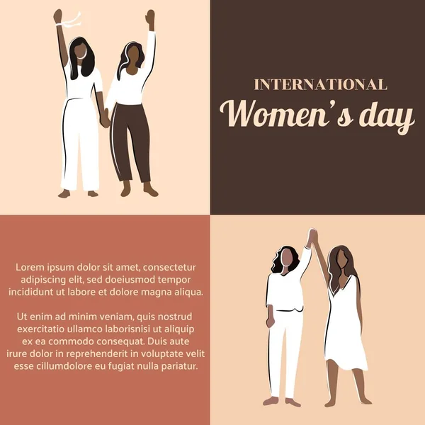 快乐的女人一天平淡的风格 不同的妇女为女权运动 妇女权利 平等而站在一起 — 图库矢量图片
