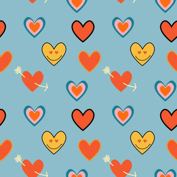Groovy Hearts Modèle Sans Couture Fond Vectoriel Déformé Psychédélique Dans — Image vectorielle