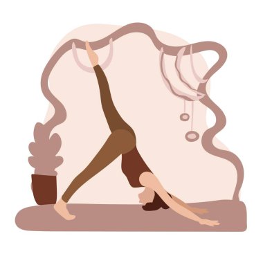 Kadın yoga egzersizi yapıyor. Aktif kişi aerobikten hoşlanıyor. Kadın vücut egzersizi yapıyor, düz stil. Vektör.