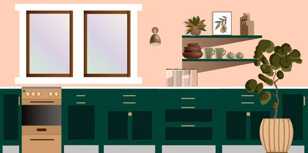Кухня Плоский Стиль Зеленая Кухня Плитой Стеллажами Холодильником — стоковый вектор