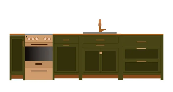 Küche Flacher Stil Grüne Küche Mit Herd Regalen Utensilien Dekor — Stockvektor
