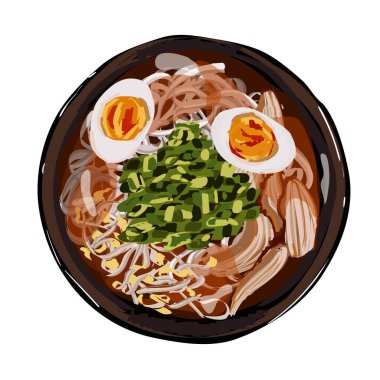 Tavuklu Japon ramen çorbası, erişte, yumurta, doğranmış yeşil soğan. Restoran menüsü için dış çizim çizimi. Üst görünüm.