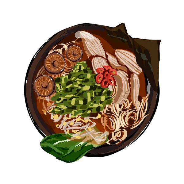 日本拉面汤 配鸡肉 切碎的青葱和蘑菇 餐厅菜单的户外涂鸦插图 顶部视图 — 图库矢量图片