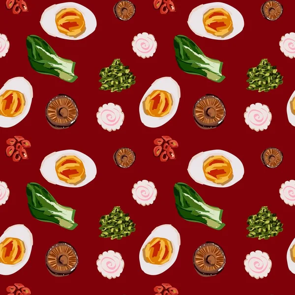 ラーメンスープの背景 日本料理 ラーメン店の卵のカラフルな飾り メニューや壁のプリント アジアカフェ レストランのシームレスなベクトルパターン — ストックベクタ